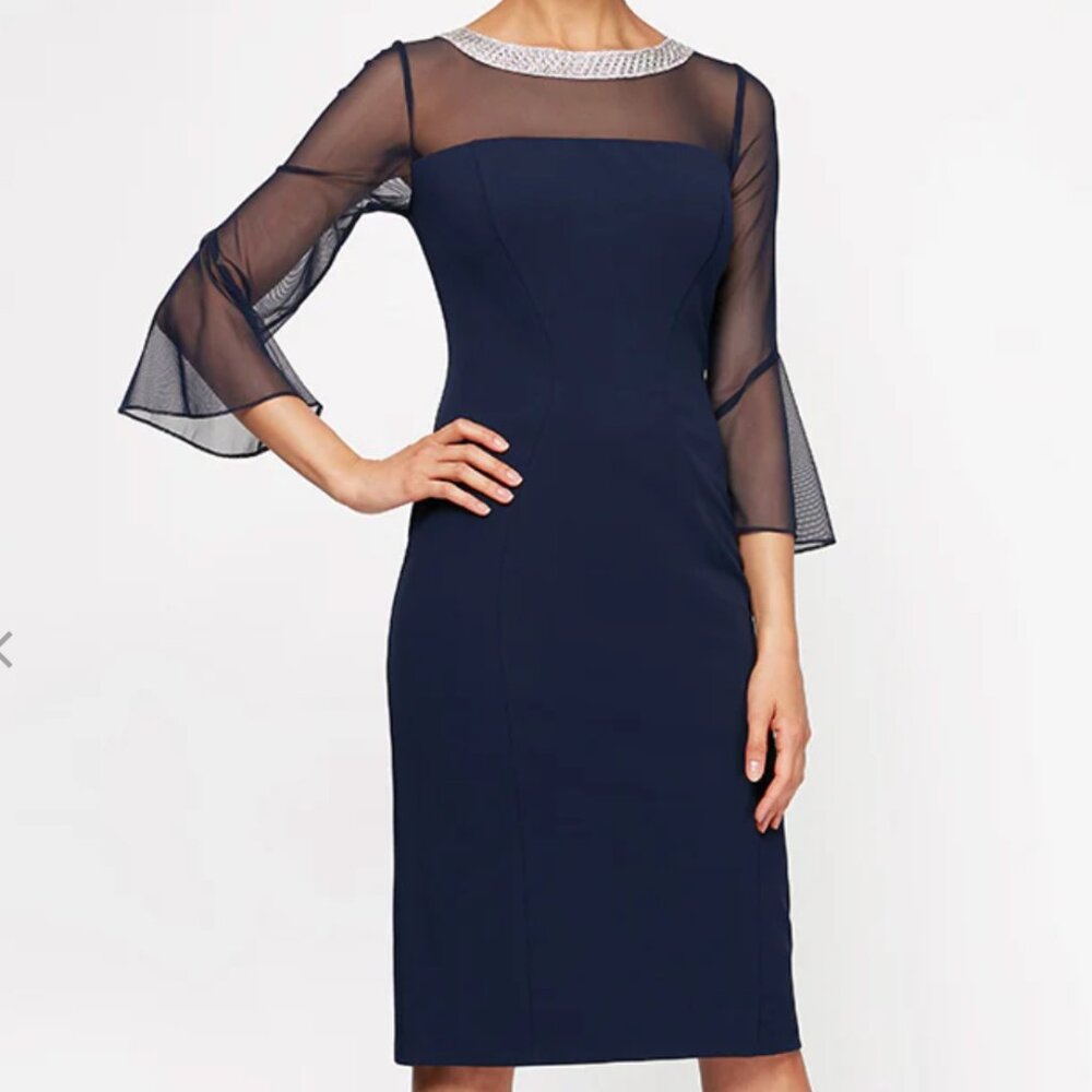 NAVY Crepe Cocktail Dress with Beaded Illusion Neckline & Bell Sleeves - NWT